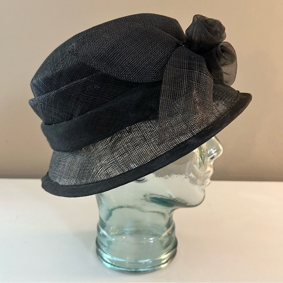 Black Cloche Style Straw Hat with Flower Detail main image 5
